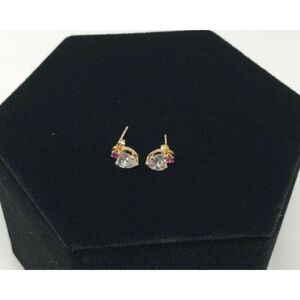 10K Yellow Gold Heart Shaped CZ and Pink Sapphire Solitaire Stud Earring Pair